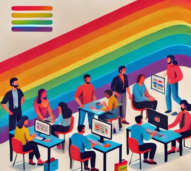 Ilustración de personas LGTBIQ+ trabajando con la Fundación Triángulo